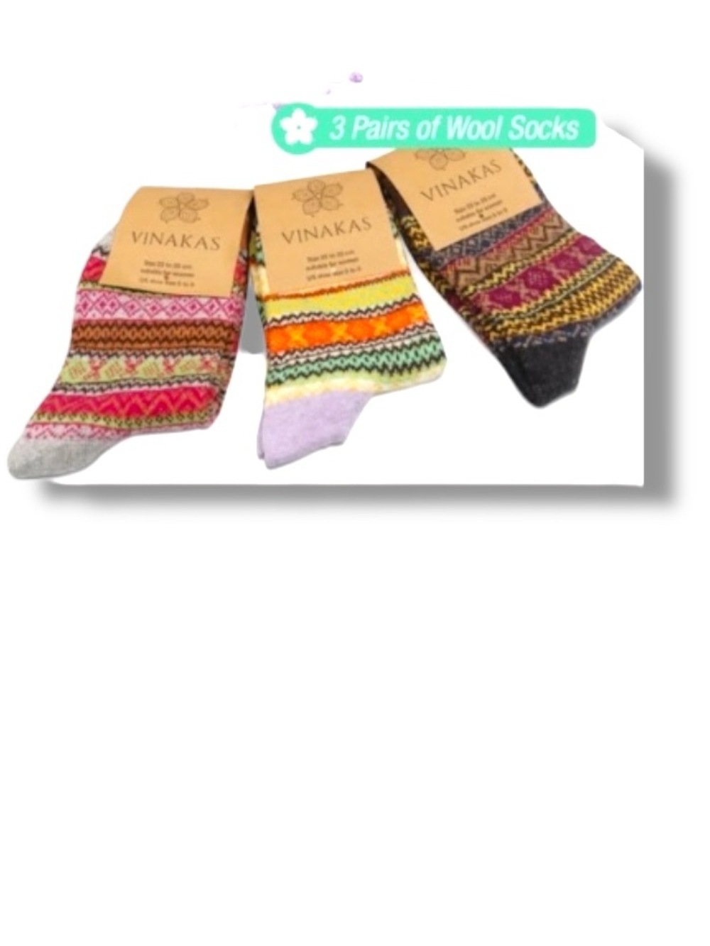 Vinakas Wool Socks Set of 3 - Multicolor NWT - Picture 3 of 3